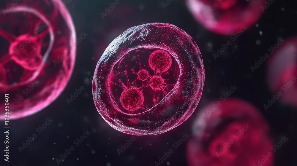 Poster close-up of red biological cells under a microscope, showcasing intricate structures and vibrant col