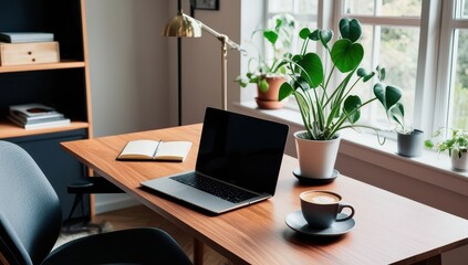 Minimalist desk with open laptop, notebook, and small plant. Perfect for productive remote work environment