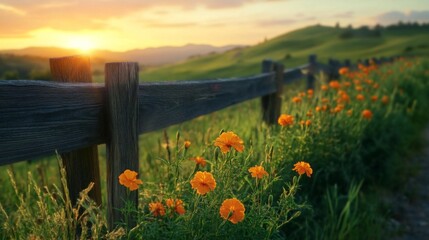 Sunset Over Rolling Hills with a Wooden Fence and Orange Flowers