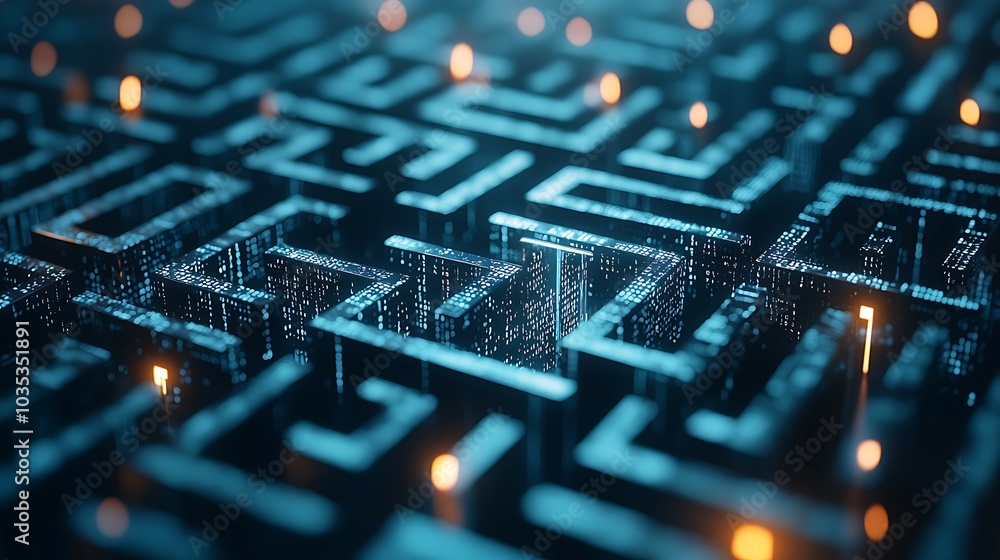 Poster A captivating digital maze featuring intricate patterns and glowing lights, creating a sense of depth and innovation in a modern technological landscape.