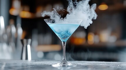 A vibrant blue cocktail emits smoky vapor atop a sleek counter, set against a blurred background, offering a mystical and intriguing visual experience.