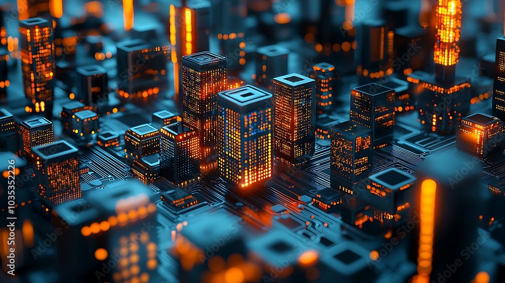 Poster a captivating futuristic cityscape featuring glowing urban structures and intricate technology patte