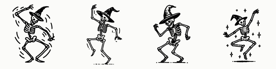 Four playful skeletons wearing witch hats dance joyfully, showcasing lively movement and festive spirit, perfect for Halloween themes.