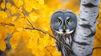 Portrait saisissant d'une chouette lapone cachée derrière un tronc de bouleau, entourée de feuilles dorées d'automne. Plumage et regard perçant