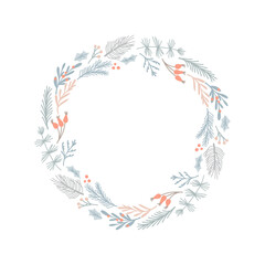 Round Winter Christmas Wreath with green twigs with leaves. Festive vector illustration for the design or decor of postcards, invitations. Rustic template for circle-shaped text