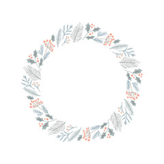 Christmas Winter Vector color flower wreath frame floral element with place for text. Isolated on white background