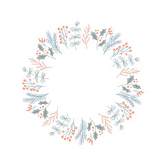 Round Winter Christmas Wreath with green twigs with leaves. Festive vector illustration for the design or decor of postcards, invitations. Rustic template for circle-shaped text