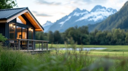Fototapeta premium A charming wooden cabin nestled in lush greenery with majestic snow-capped mountains in the background, embodying peaceful solitude in a natural setting.