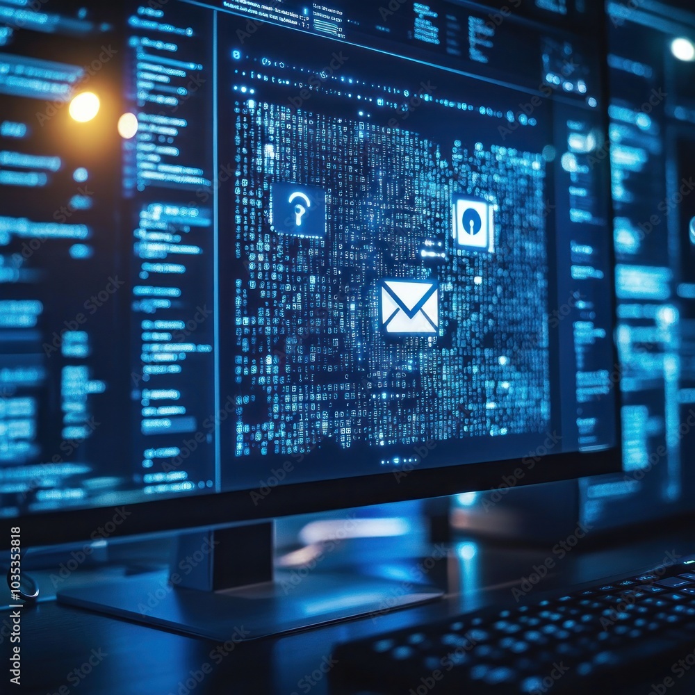 Poster exploring the intricacies of digital communication and cybersecurity in modern technology