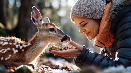 In a beautifully lit forest, a woman in a winter coat and knit hat observes a deer as it feeds, highlighting a tender moment of curiosity and nature's beauty.