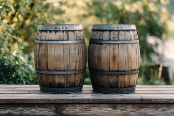 Fototapeta premium Rustic Wooden Barrels on a Table