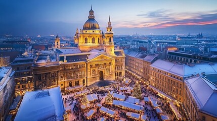 Christmas market in Budapest dazzles with festive lights and holiday cheer at Saint Stephen...