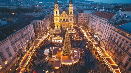 Christmas market in Budapest dazzles with festive lights and holiday cheer at Saint Stephen...