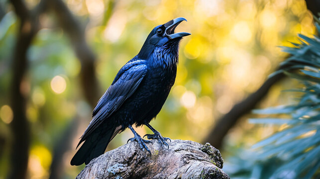 A crow cawing from a treetop