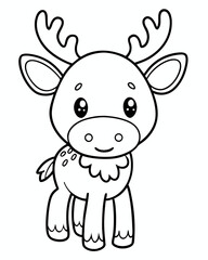 Minimalist black and white kawaii moose illustration for children's coloring book on a white background, featuring simple and cute design elements perfect for kids and art projects
