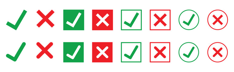 Check and cross mark icon set . Red and green 