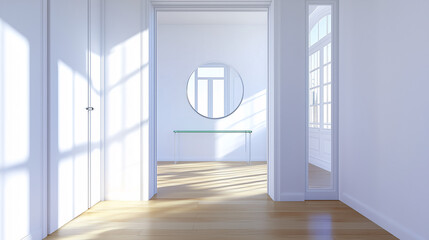 Fototapeta premium Minimalist entry space featuring a glass console table and a round mirror reflecting natural light