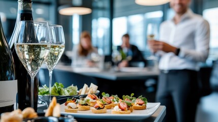 A selection of gourmet appetizers elegantly arranged on a table at a corporate event, with glasses of champagne and blurred figures in the background enjoying the ambiance.