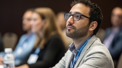 Obraz premium A Man Wearing Glasses and a Grey Sweater Looks Upward While Attending a Conference