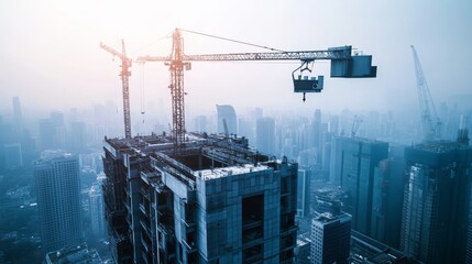 Fototapeta premium A construction robot team assembling a skyscraper in a bustling city skyline, cranes and modern architecture surrounding, Construction robotics style