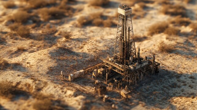 oil rig surrounded by desert scrub and dry earth.