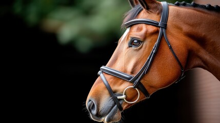Fototapeta premium A regal horse, elegantly showcasing its profile with a fine leather bridle, stands with majestic poise and a calm demeanor in a peaceful natural setting.
