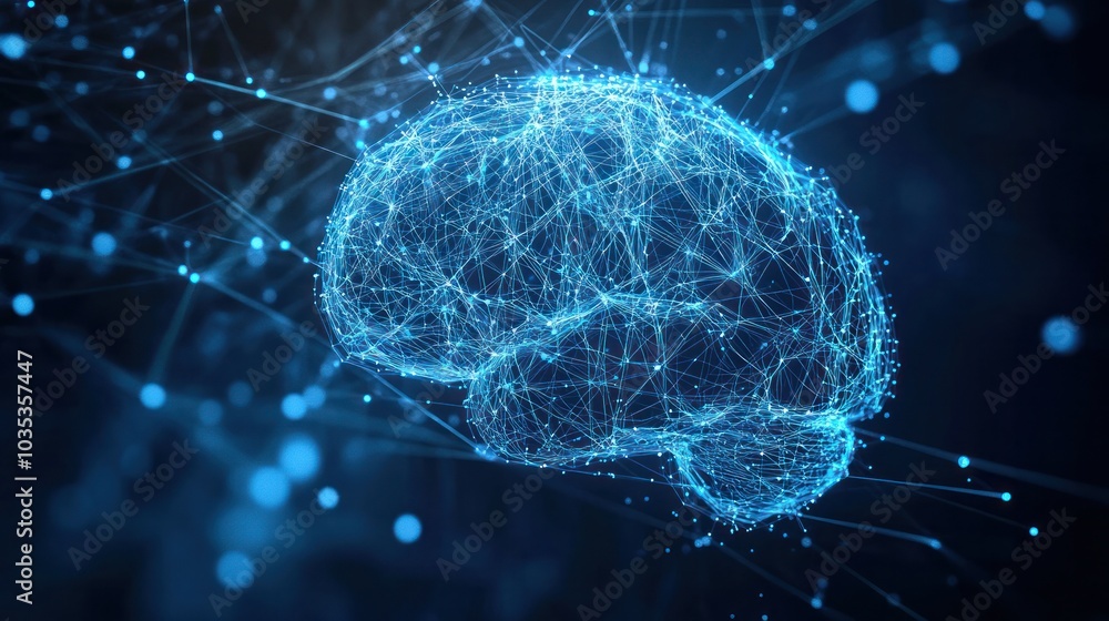 Poster view of a digital brain, intricately designed with vibrant blue neural connection lines and shining 
