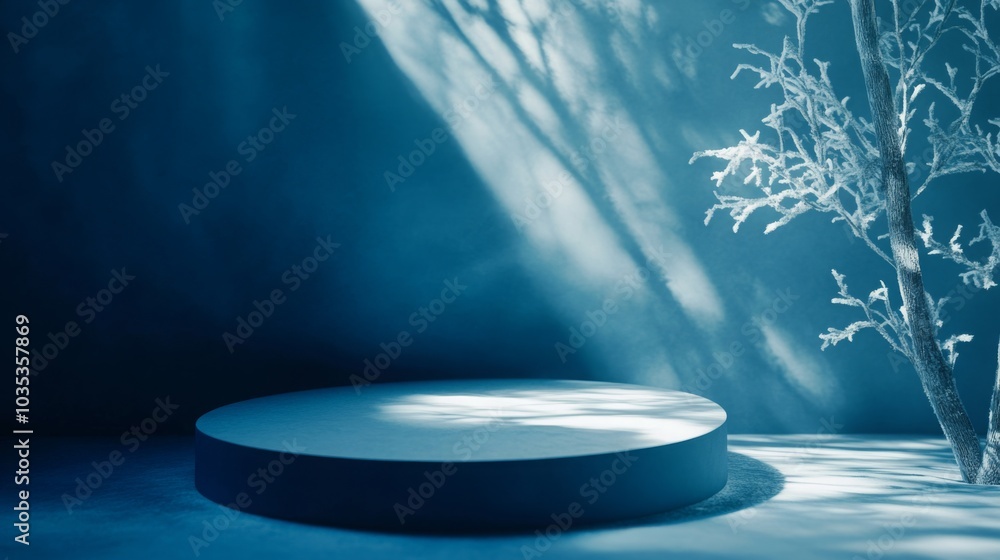 Leinwandbilder A round platform is positioned in a serene setting featuring a frosted tree. Soft blue lighting casts shadows, creating a tranquil atmosphere, ideal for artistic performances or displays.