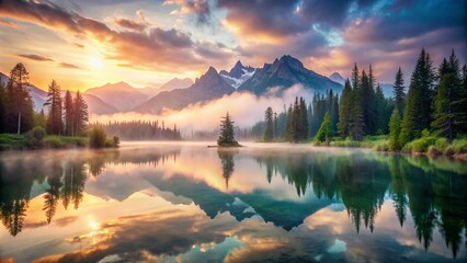 Fototapeta premium Dawn Serenity: Dreamy Alpine Lake Double Exposure Photography for Tranquil Landscapes