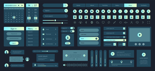Interface app. UI navigation. Search bar. Registration login frame. Calendar or messenger chat. UX element mobile web screen. Tablet button layout. Internet widget. Vector display menu templates set