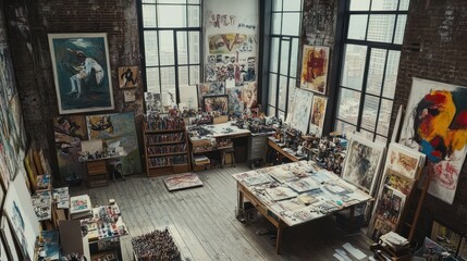 Fototapeta premium A cluttered art studio with paintings, supplies, and windows overlooking a city.