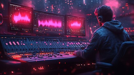 A sound engineer sits in a recording studio, wearing headphones, working on audio mixing software. He is surrounded by flashing lights and a large mixing board.