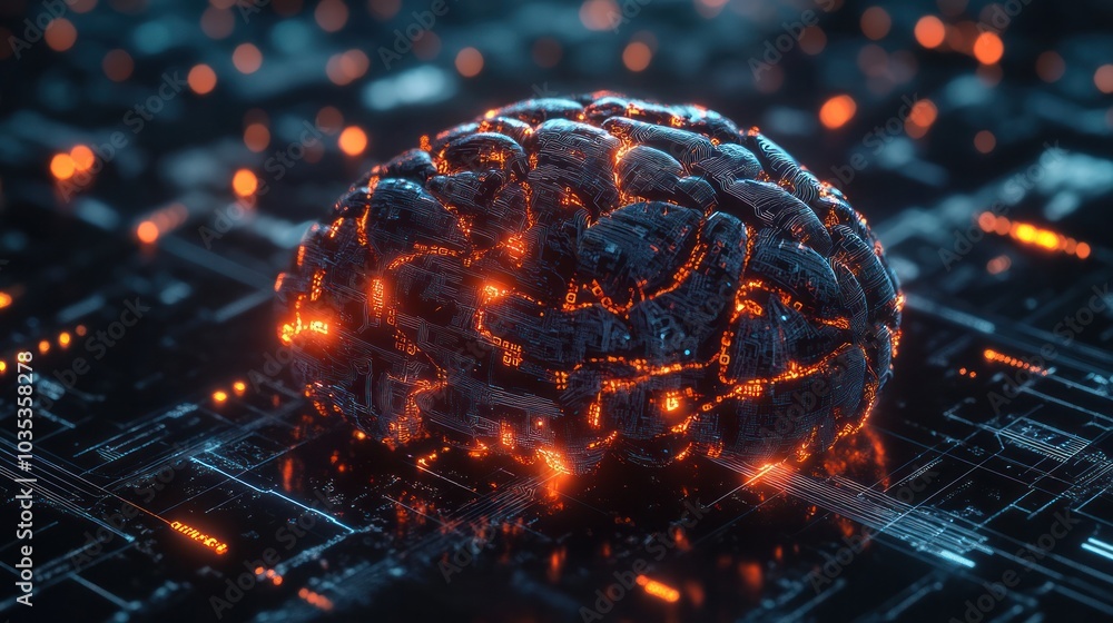 Poster view of a digital brain, intricately designed with vibrant blue neural connection lines and shining 
