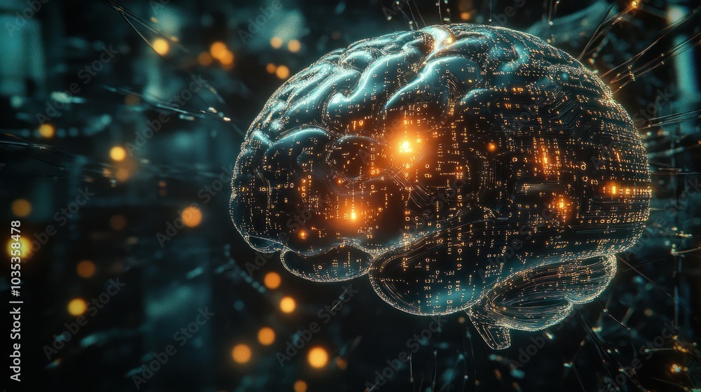 Aufkleber view of a digital brain, intricately designed with vibrant blue neural connection lines and shining 