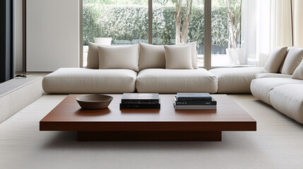 Fototapeta premium Minimalist living room with neutral-toned floor cushions arranged around a low wooden coffee table