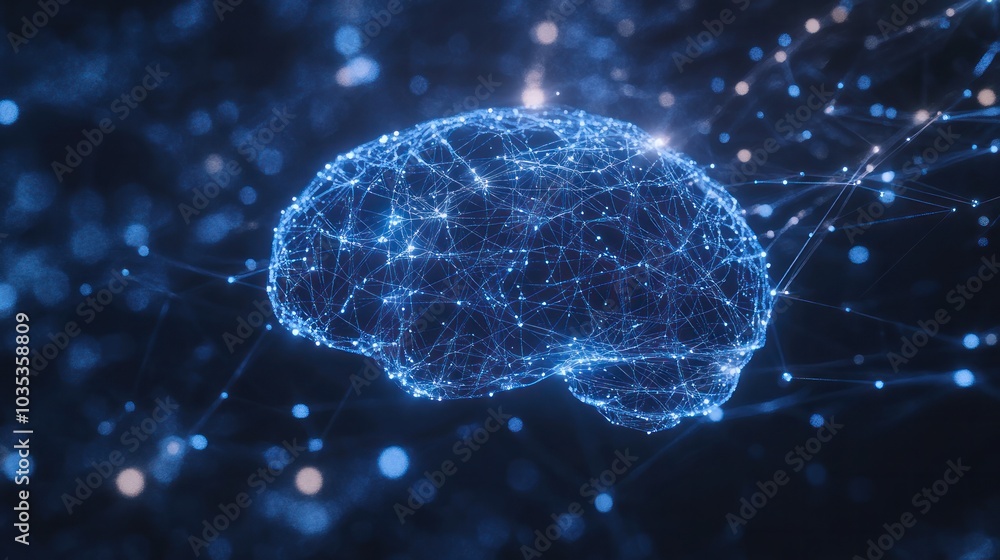 Poster view of a digital brain, intricately designed with vibrant blue neural connection lines and shining 