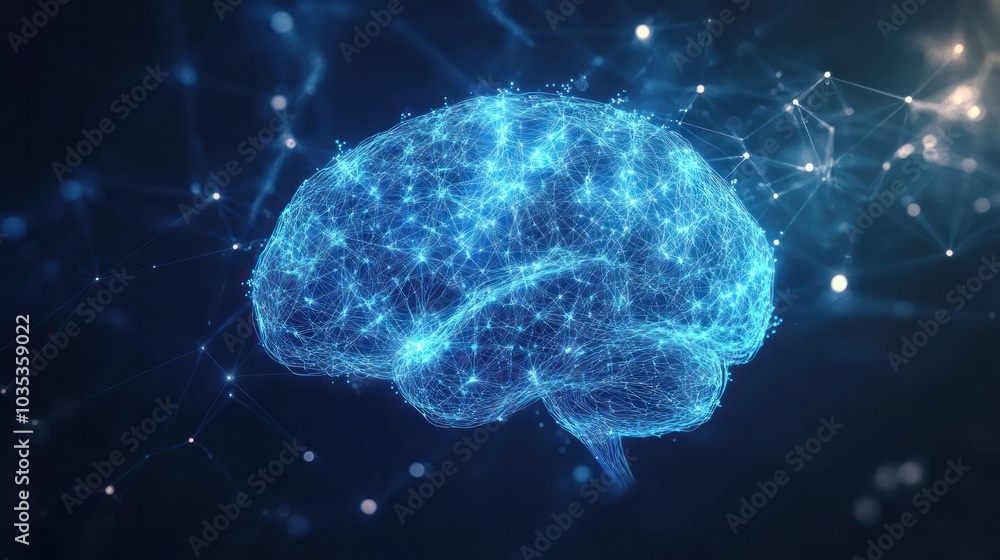 Poster view of a digital brain, intricately designed with vibrant blue neural connection lines and shining 