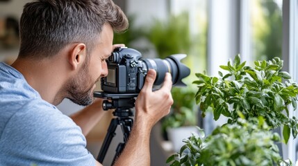 A dedicated photographer, with a beard, carefully adjusts his camera to capture the perfect shot of an indoor plant illuminated by natural light near a window.