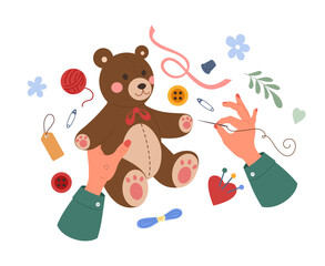 Handmade crafts. Person sewing toy. Tools for hobbies. Human hands embroidery thread with needle. Handicraft accessory. Creative craftsmanship. Handiwork teddy bear. Vector artisan needlework concept