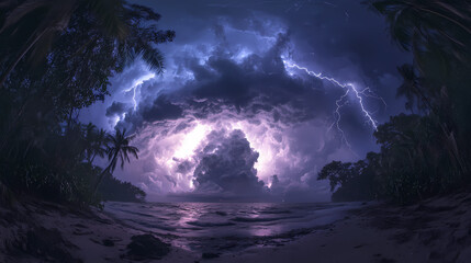 Naklejka premium Clouds with colorful lightning in a stormy landscape. A storm is raging in the skies, illuminating masses of thunderclouds with flashes.