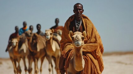 Somali camel nomadic life, where herders travel vast distances with their camels, relying on ancient knowledge of the desert