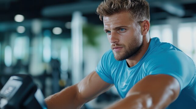 A man intensely exercises on a stationary bike, showcasing determination and muscle strength, against a modern gym backdrop filled with focused energy.