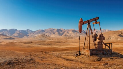 crude oil well surrounded by barren desert landscape,