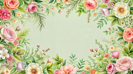 Pastel floral frame with roses on light green background