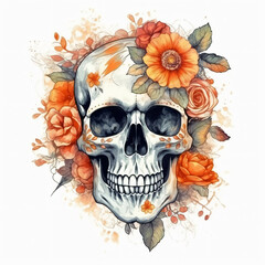 Sugar Skulls Marigolds and Roses, floral art,flower,orange,D&iacute;a de los Muertos,Mexican tradition,watercolor,folk art,festival of the dead