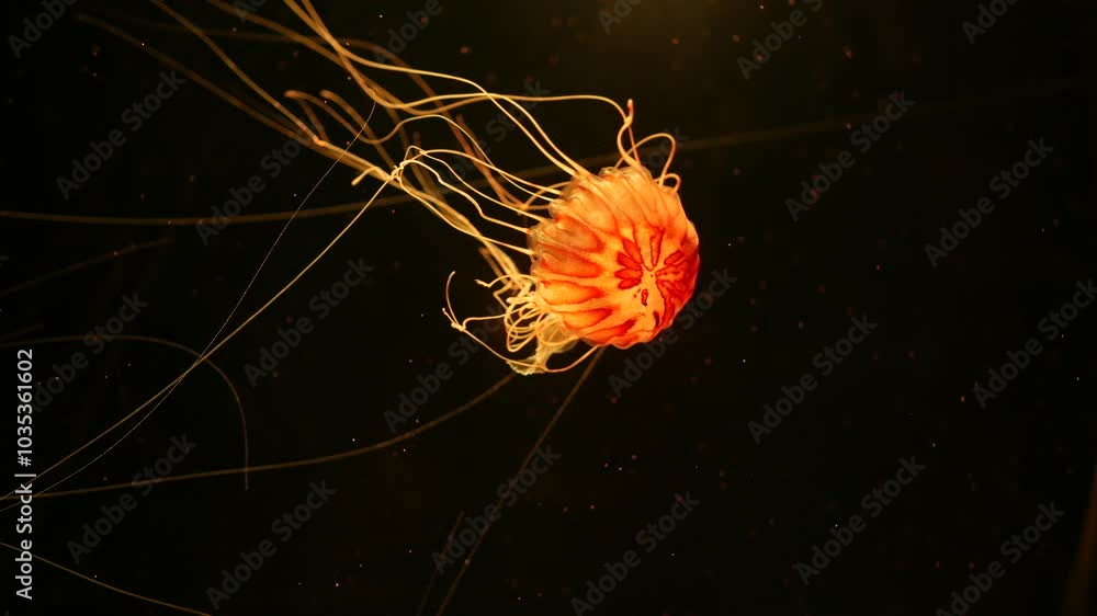 Poster a jellyfish floats in dark water, its glowing orange bell radiating soft light. thin, trailing tenta