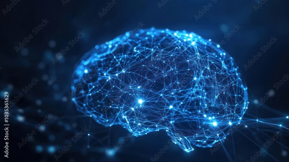Poster digital representation of a brain composed of intricate blue neural connection