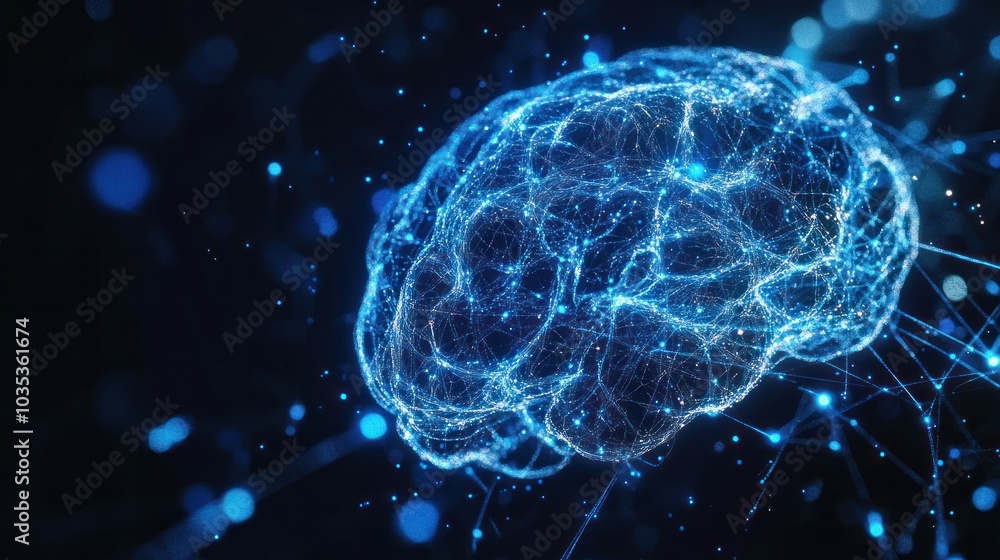 Poster digital representation of a brain composed of intricate blue neural connection