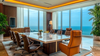 Fototapeta premium Modern Conference Room with Ocean View and Leather Chairs