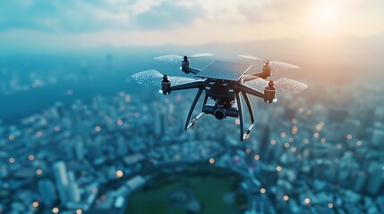 Naklejka premium A stunning aerial view of a drone flying over a vibrant urban landscape during sunset, showcasing the blend of technology and city life.